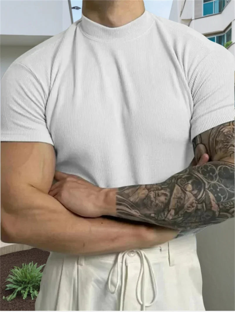 Spring Summer Elastic Comfortable Men's T-Shirt Small High Collar Stripe Shirt Short Sleeve Fitness tops Sports Casual T-Shirt