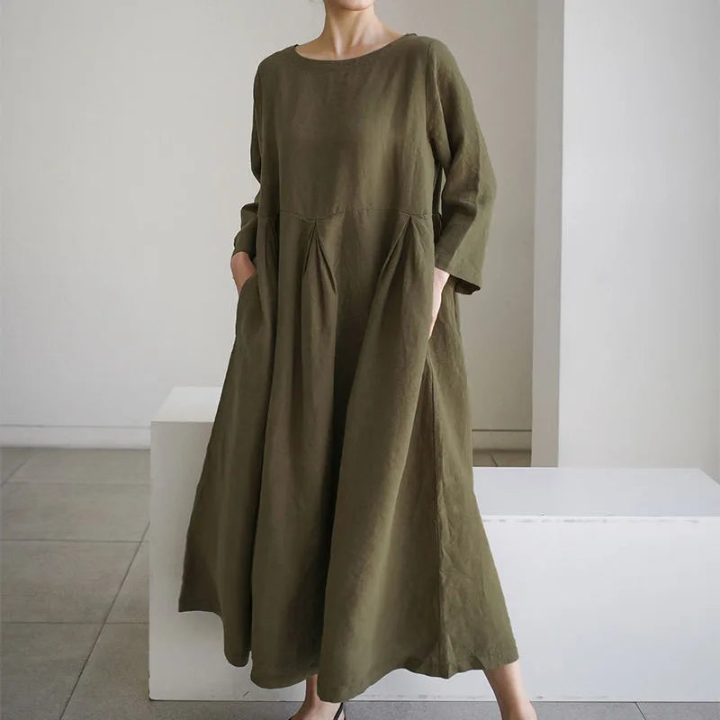 Oversized Loose Cotton Linen Dress Summer O-Neck Short Sleeve Pocket Harajuku Midi Party Dresses JYFS-0654
