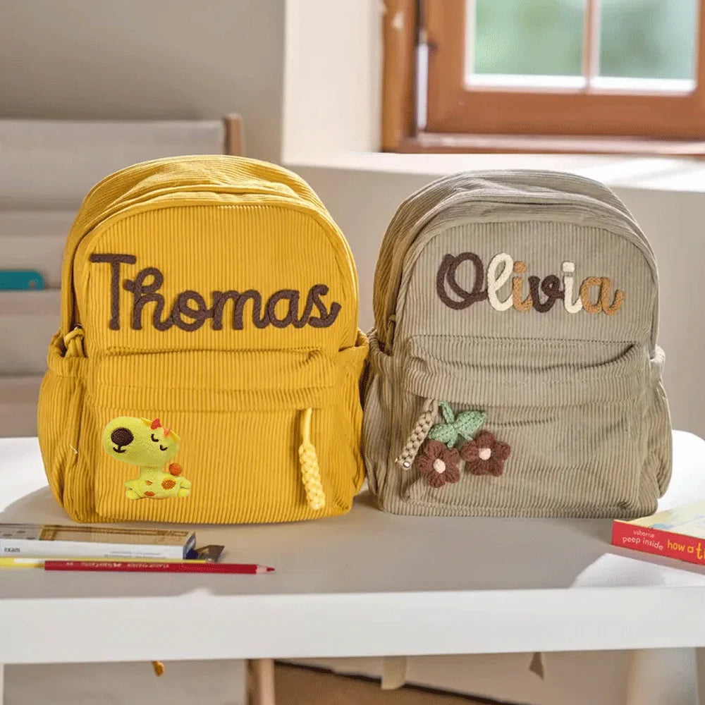 Personalized Small High-Quality Corduroy Backpack – Customizable School Bag with Name Print; Cute and Practical