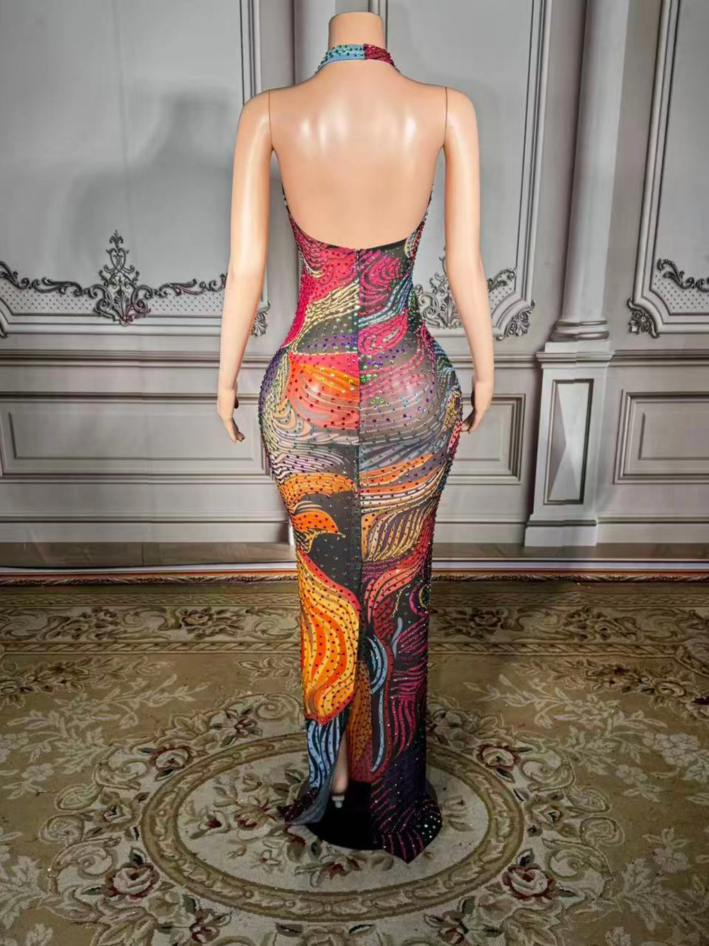 Opulent Crystal Women Sleeveless Sexy Bodycon Long Dress See Backless Shinning Chain Celebrate Bar Singer Performance Costume