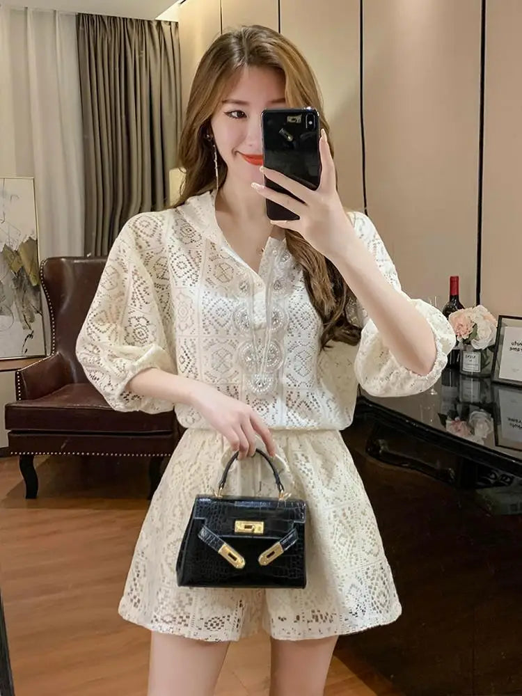 Short Sets for Women 2 Pieces Office Apricot Lace Woman Shorts Full Novelty in New Products Stylish Vacation Outfits 2025 Light