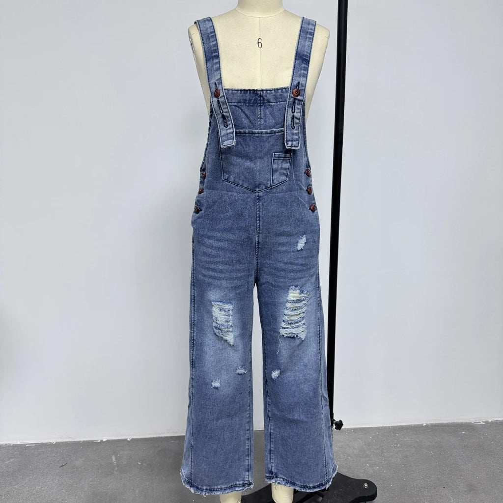 2026 Summer Women's Casual Loose Straps Jeans Vintage Hole Baggy Denim Pants Women Jumpsuit Harem Trousers with Pockets Overalls