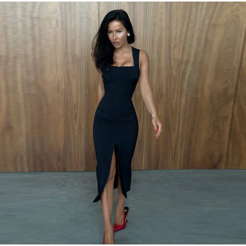 Camisole Women's Dress U Neck Zipper Dress Fitted Waist Split Long Dress Elegant Stylish Wear Date Party Outfit