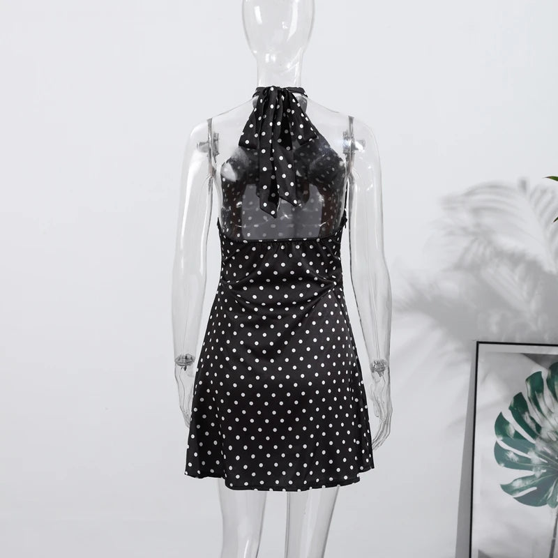 Polka Dots Print Halter Lace-up Dress Women's Sexy Backless Sleeveless Mini Dresses 2026 Spring New Female Fashion Street Robes