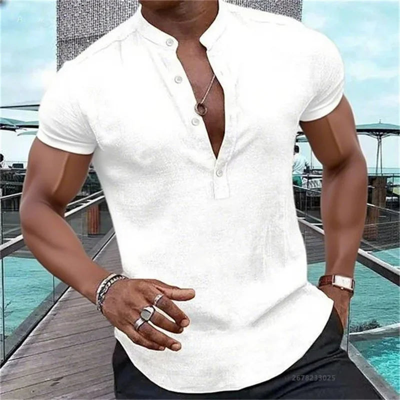Men's Short-Sleeved Casual Shirt Hawaiian Style Shirt Solid Black Shirt Stand Collar Design Suitable for Beach Vacation XS-5XL