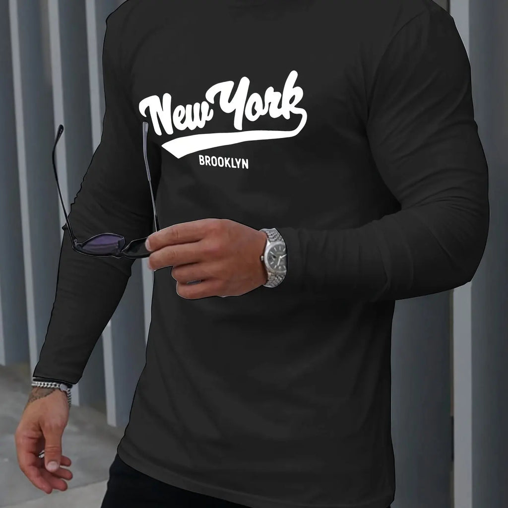 Men's 100% pure cotton summer loose comfortable casual  NEW YORK print large round neck  long sleeve T-shirt top
