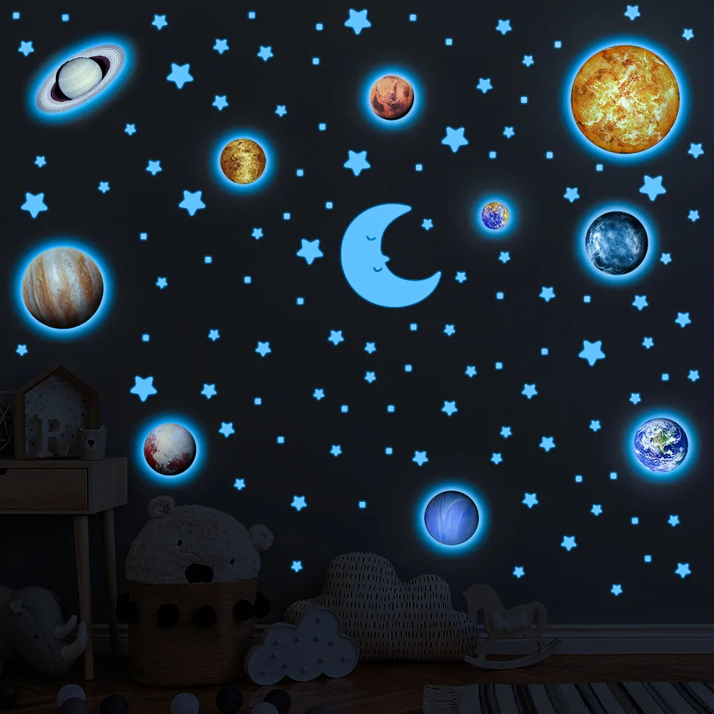 Glow in The Dark Planets Wall Stickers Kids Bedroom DIY Luminous Stars Decals Mural Self-adhesive Room Ceiling Aesthetic Decor