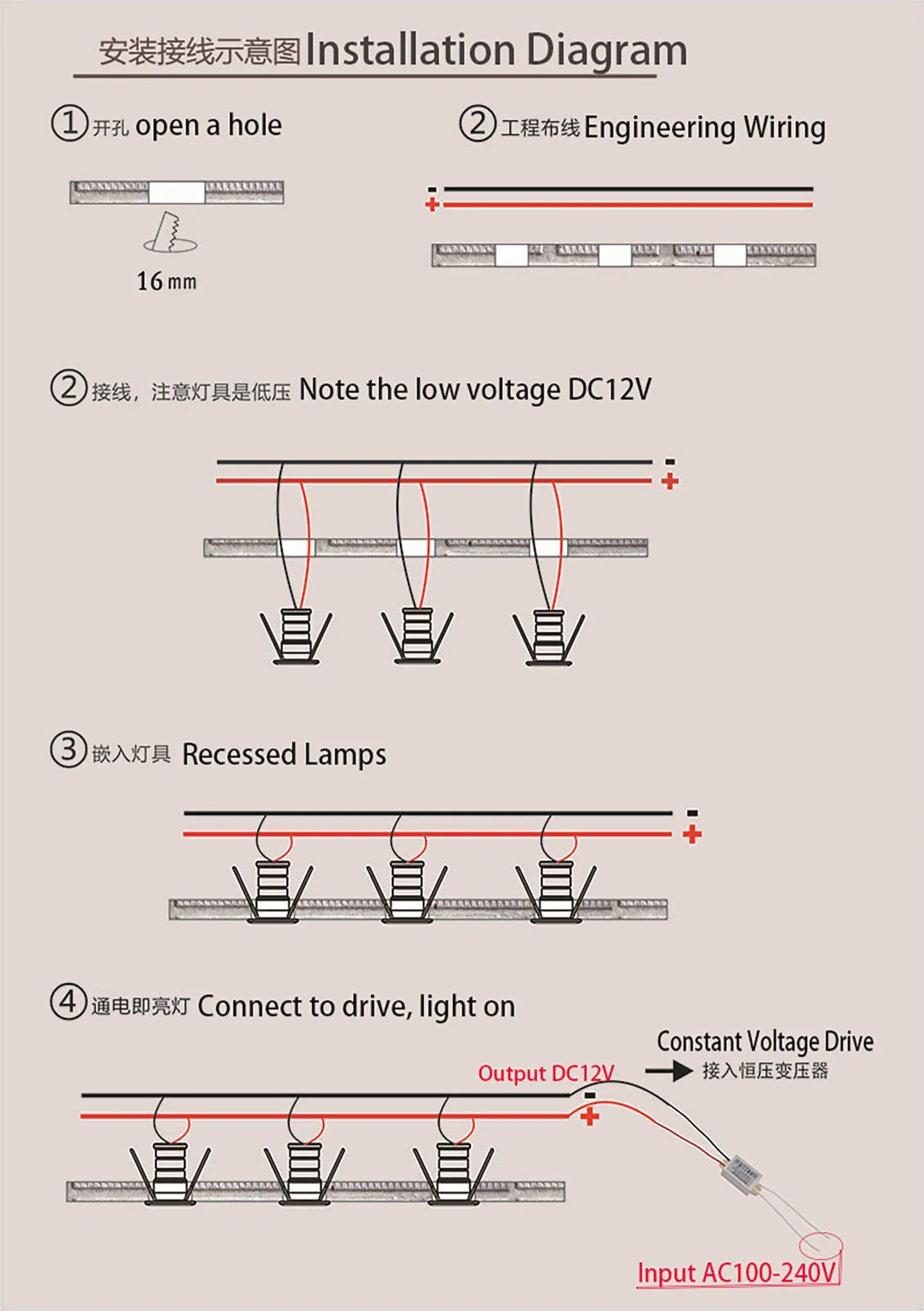 Indoor IP65 Recessed LED 1W Downlight, 12V Spotlight, Suitable for Ceiling/Stairwell/Hallway/Cabinet Lighting (Driver Included)