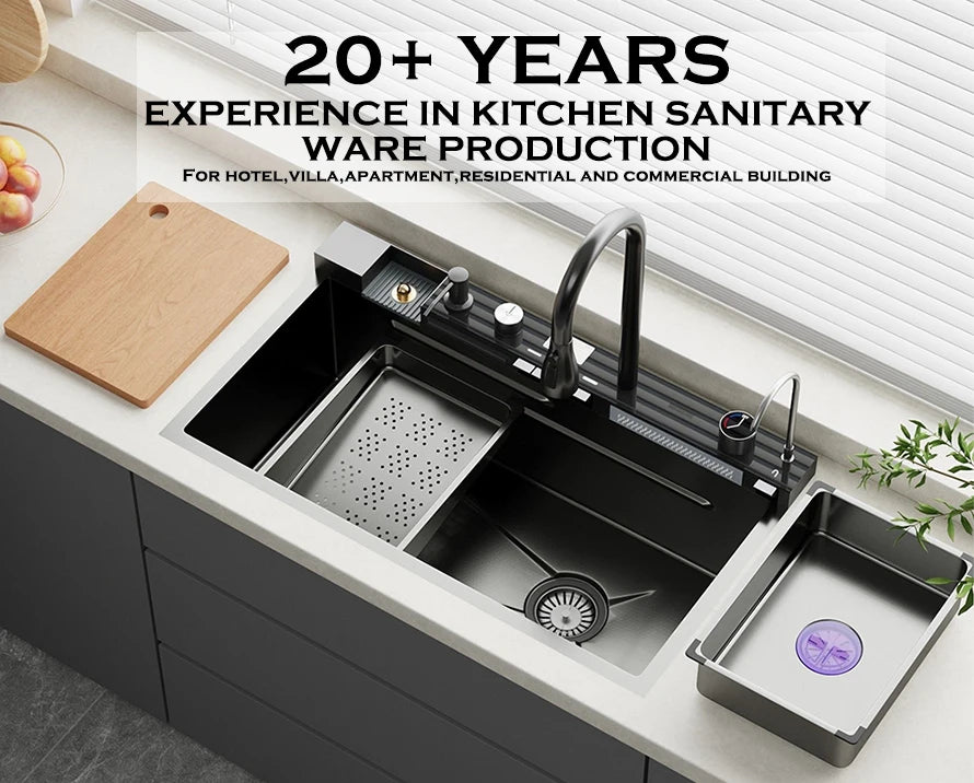 Stainless Steel Large Single Slot Bionic Honeycomb Black Wash Top Mount / Apron Front Smart Kitchen Sink with Waterfall Faucet