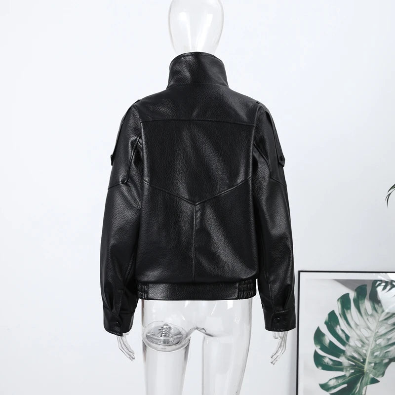 High Street Leather Jackets Women's Casual Double-breasted Turn Down Collar Loose Coats Elastic Waist 2026 Autumn New Outwear
