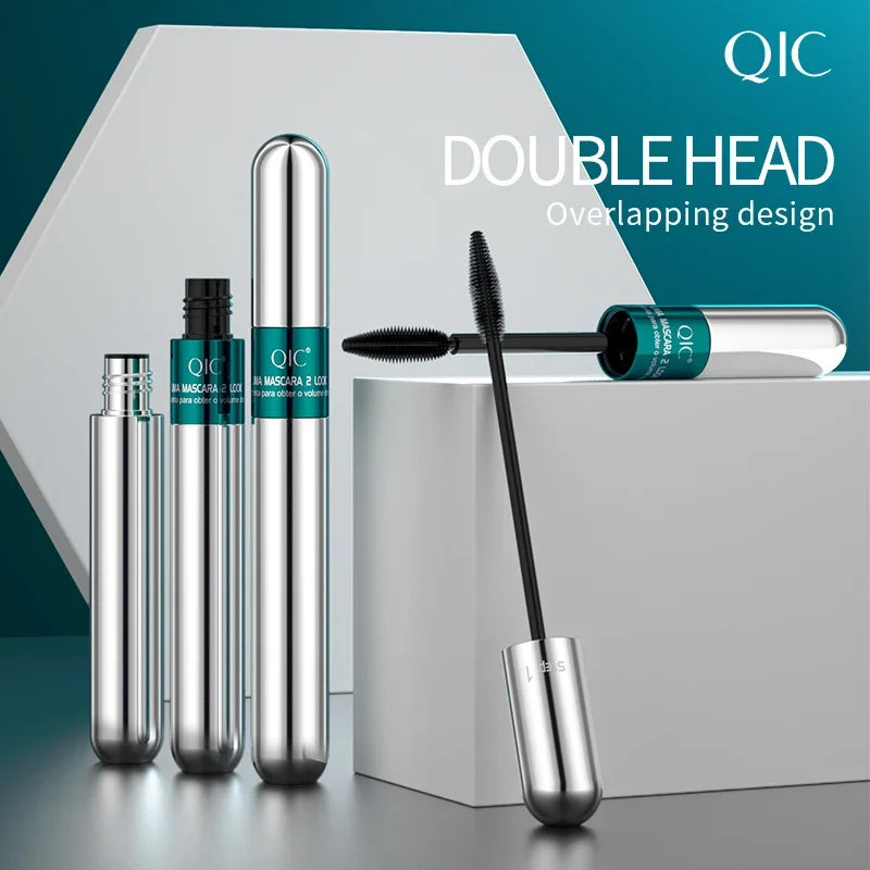 2-in-1 Double-Ended 4D Silk Fiber Mascara Quick Dry Waterproof Thick Curling Silver Tube Eyelash Mascara for Instant Volume