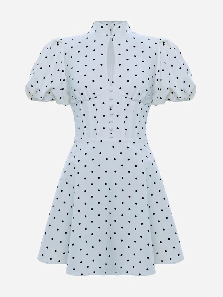 Retro Polka Dot Mini A-line Dress Elegant Stand Collar Puff Short Sleeve Waist-cinching Dresses 2026 New Lady Party Gowns