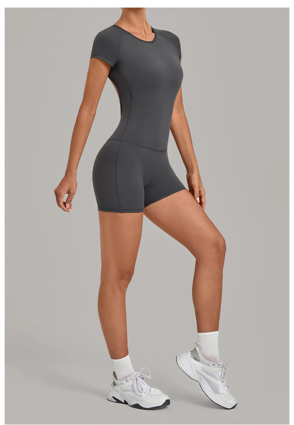 Women Short Sleeve Open Back Yoga Bodysuit Squat Proof Short Jumpsuit Gym Pilates Running Workout Fitness Sport Activewear