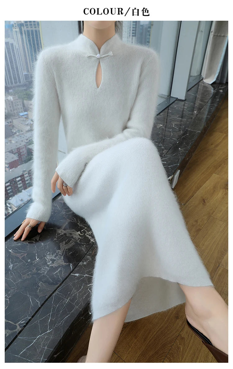 Women' 100%Pure Mink Cashmere Dress Stand-Up Collar Buckle Slim Knit Long Skirt Fashion High Waist Over The Knee Bottoming Dress