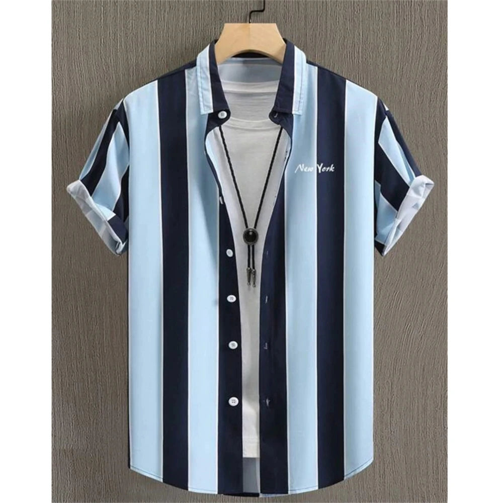 Summer Fashion Striped 3D Print Men's Shirts Basic Graphicsbutton Short Sleeve Lapel Streetwear Hawaiian Blouse Shirts for Men