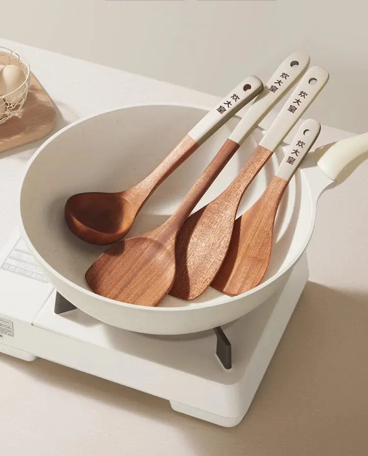 COOKER KING Ebony Wood Cooking Utensils Heat Resistant Non-Stick Pan Safe Spatula Stir Fry Rice Soup Spoon