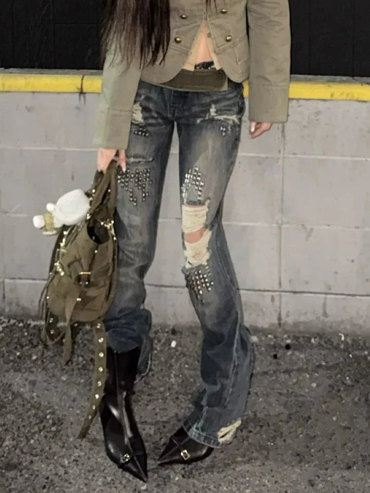American Vintage Streetwear Full-Length Jeans Distressed Women Casual Y2k Grunge Retro Ripped Bodycon Denim Pants Hot Girl