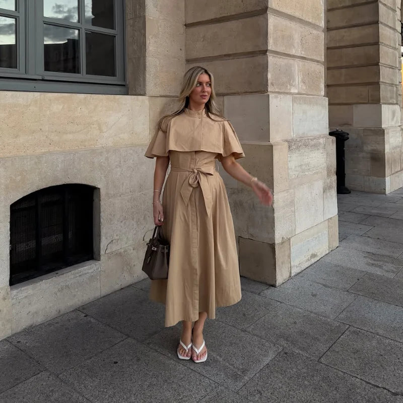 Women's Trench Style Midi Dress Stand Collar Cape Overlay Short Sleeve Belted Waist A‑Line Dresses Autumn Elegant Office Outfits