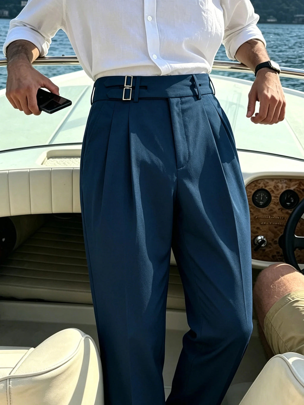Men’s Solid Color Button Detail Naples Pleated High Waist Wide Leg Suit Pants, New Spring Autumn Elegant Light Business Trousers