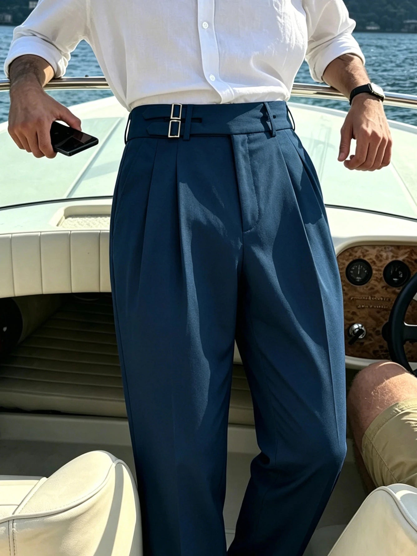 Men’s Solid Color Button Detail Naples Pleated High Waist Wide Leg Suit Pants, New Spring Autumn Elegant Light Business Trousers