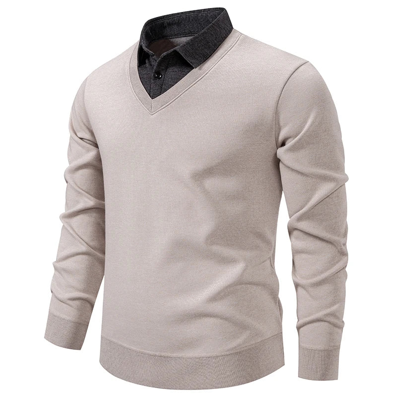 Autumn Winter Men's Fake Two-Piece Knitted Pullovers Fashion Slim Fit Turn Down Collar Knit Sweater Men Fleece Warm Pullovers
