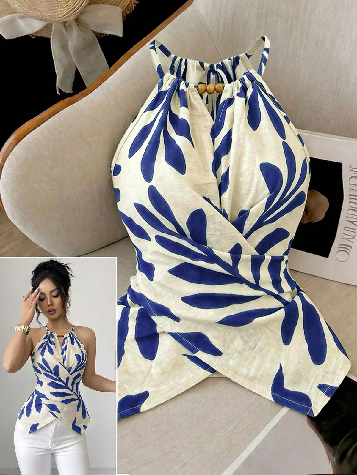 Green Leaf Print Halter Tank Top Women Back Tie Sleeveless Wrap Front Slim Summer Beach Camisole