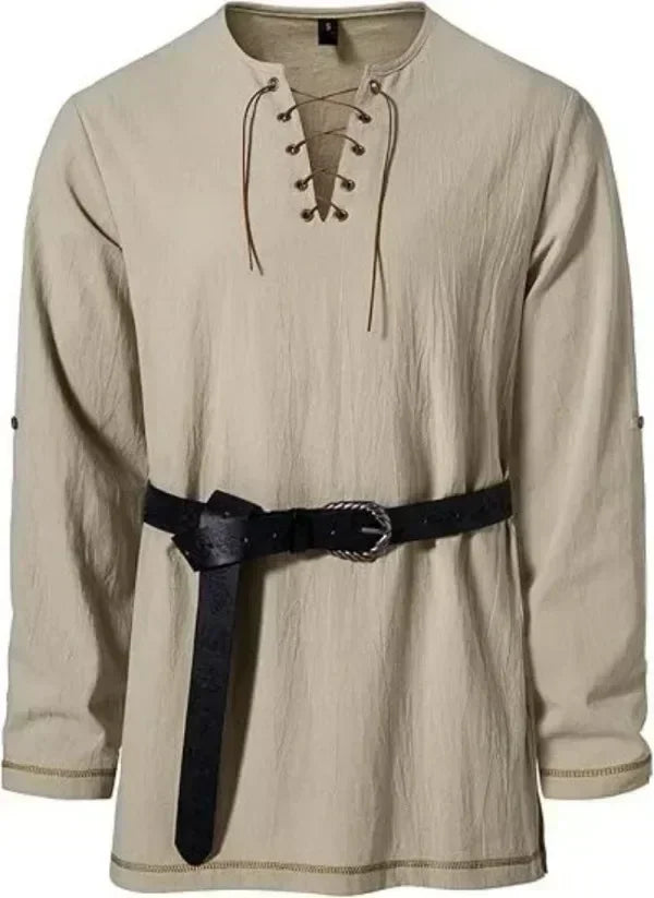 Men Medieval Lace Up Linen Long Sleeve Tunic Viking Pirate Renaissance Cosplay Shirt With Vintage Embossed Leather Belt