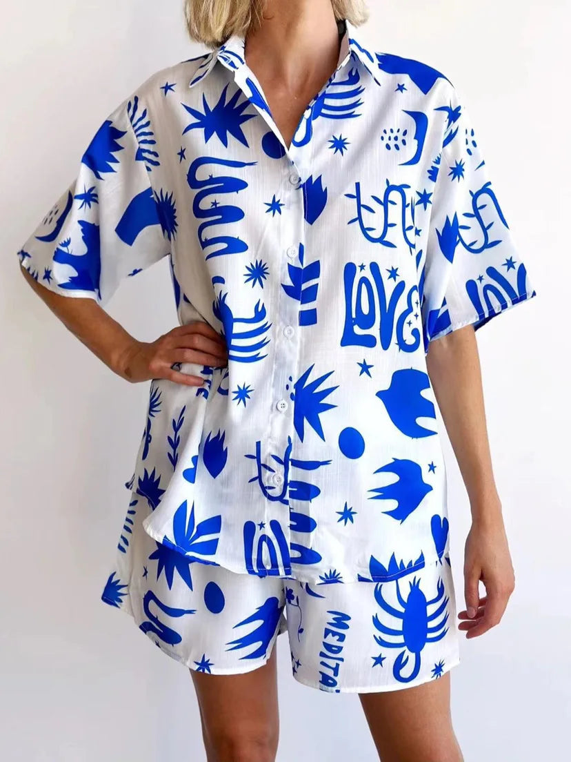 Women Summer Fashion Shorts Sets Retro Print Sleeve Shirt Shorts Suit New Casual Loose Female Beach Vacation Shorts 2 Piece Set