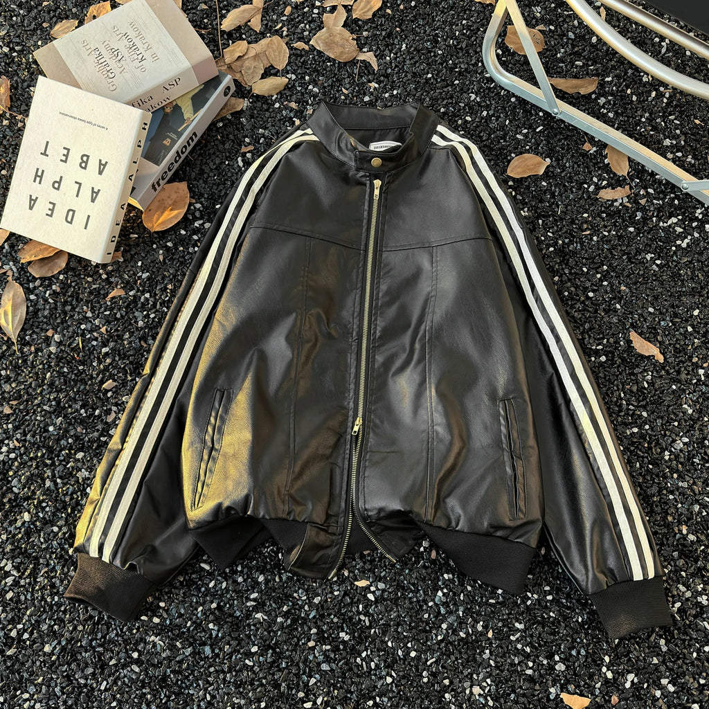 Men's Brown Leather Jacket American Retro Patchwork Striped Outerwear Youthful Style Summer Biker Coat Long Sleeve Zipper Clo...