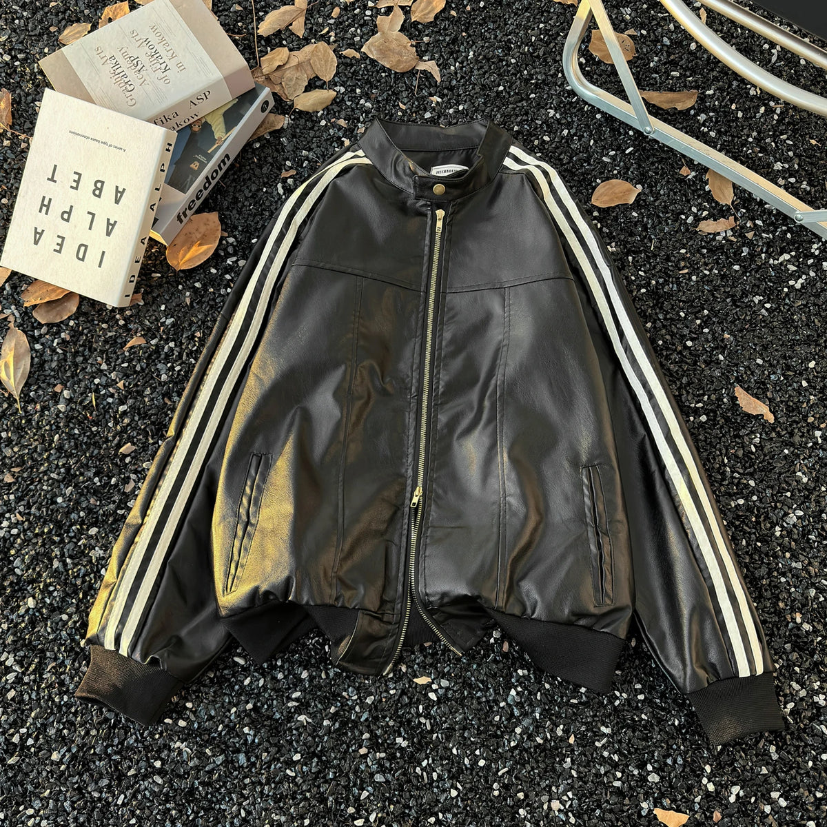 Men's Brown Leather Jacket American Retro Patchwork Striped Outerwear Youthful Style Summer Biker Coat Long Sleeve Zipper Clo...