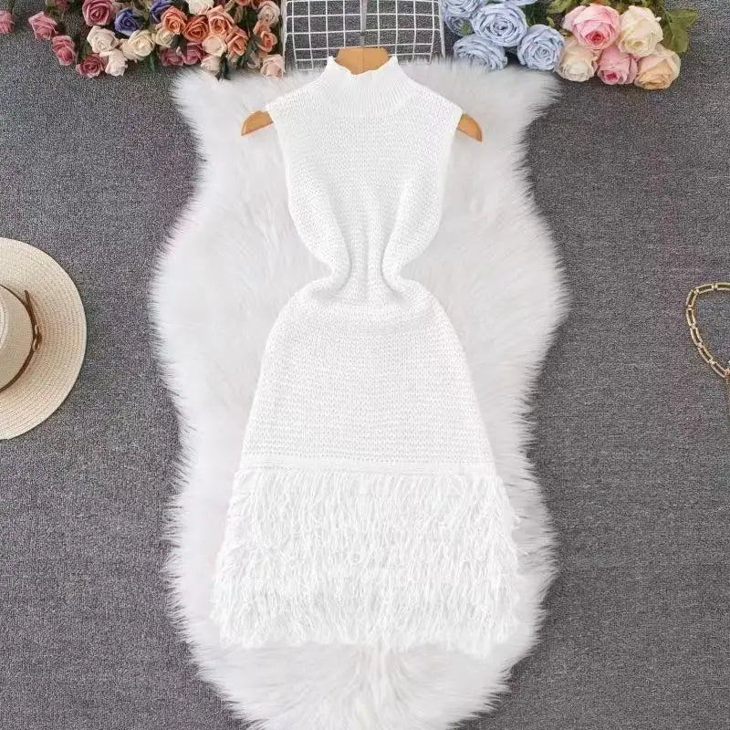 Super Elastic Fashionable Exquisite Versatile Comfortable Tassel Hem Round Neck Sleeveless Crochet Bodycon Dress