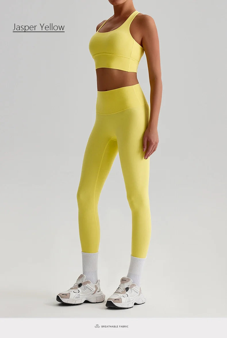 Naked Feel Yoga Set Women Fitness Sportswear 2 Piece Strappy Sports Bra High Waist Gym Leggings Workout Outfit Active Wear