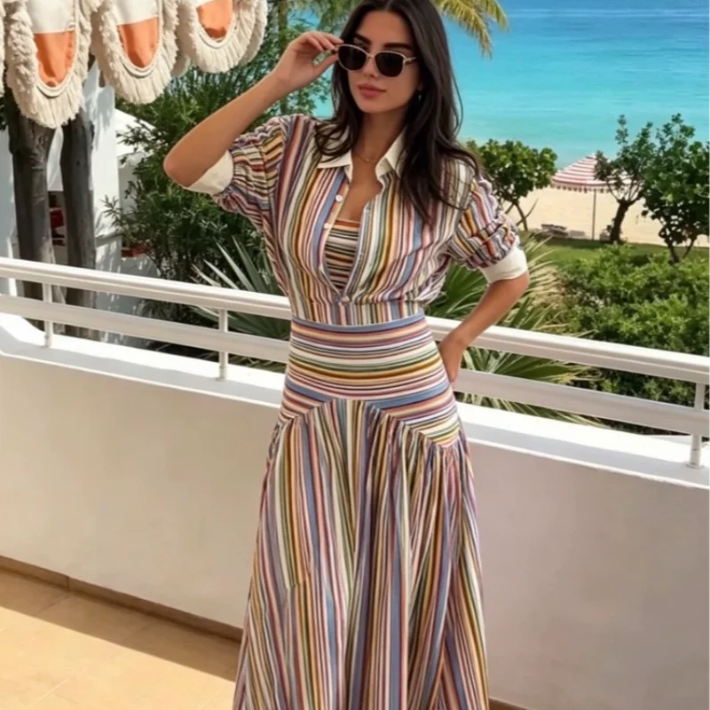 Multicolor Striped Shirt 2 Picec Set Button Front Blouse High Waist Flared Hem Maxi Skirt 2026 Summer Elegant Lady Vacation Suit
