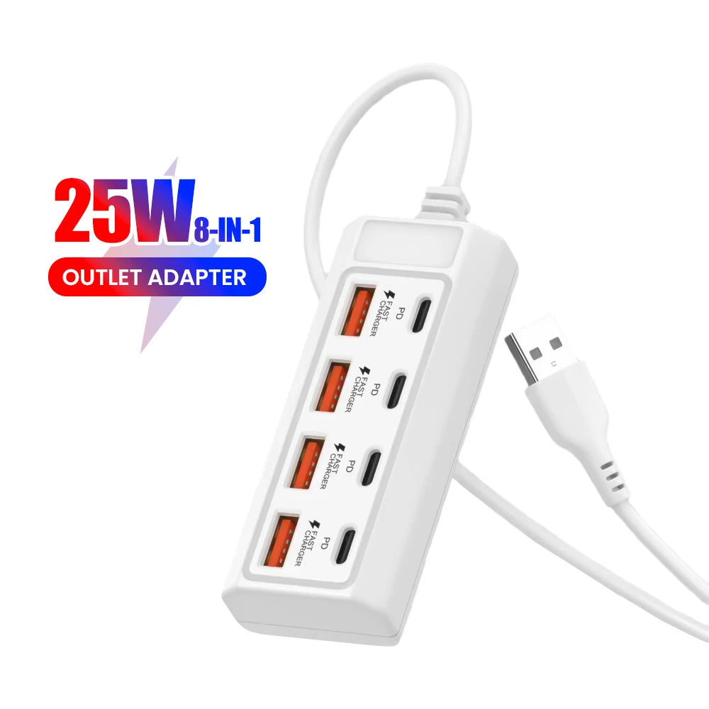 25W 8-in-1 USB Fast Charging Electrical Socket Type C Power Strip Charger Docking Station Power Outlet Adapter For Home Office