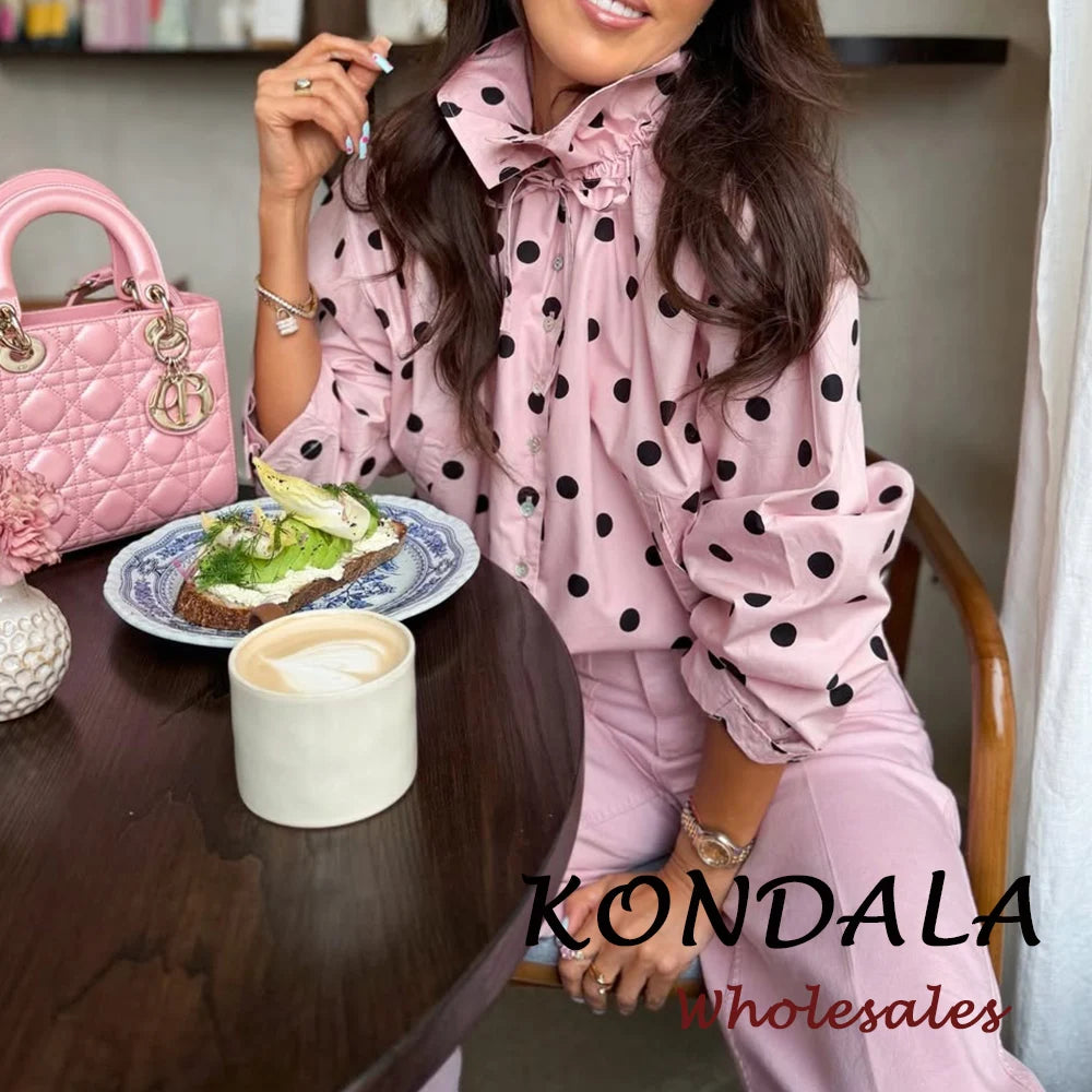 KONDALA Vintage Pink Polka Dot Pink Women Elegant Shirt Fashion 2026 Single Breasted Shirt Chic Night Party Fall Female Blouse