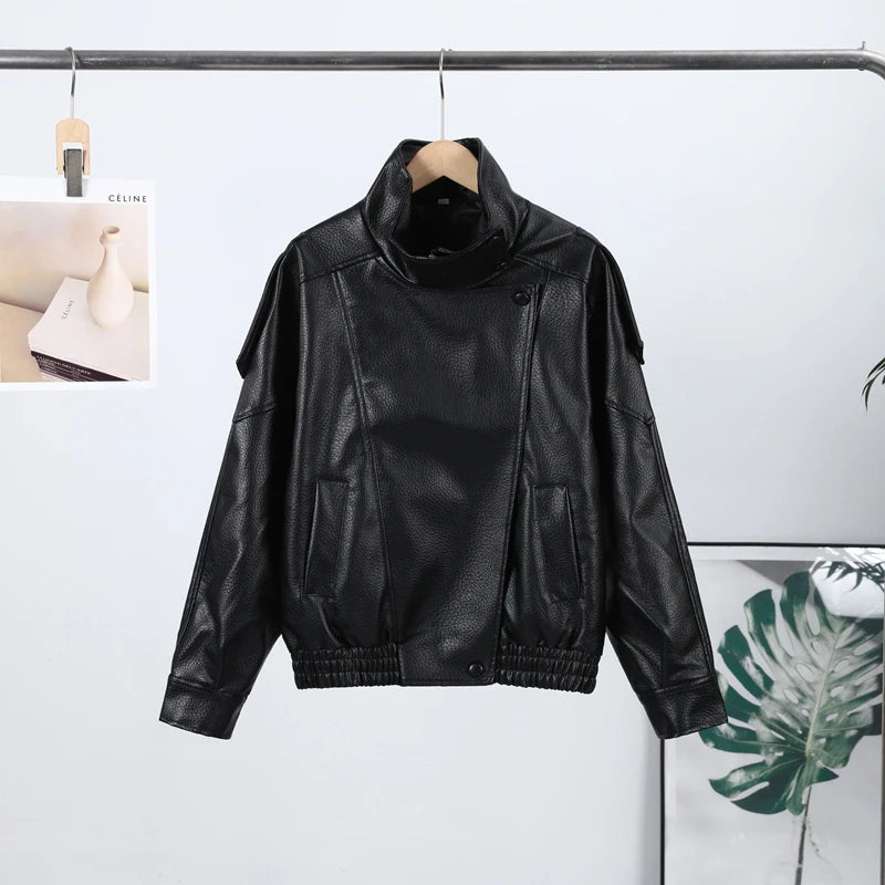 High Street Leather Jackets Women's Casual Double-breasted Turn Down Collar Loose Coats Elastic Waist 2026 Autumn New Outwear