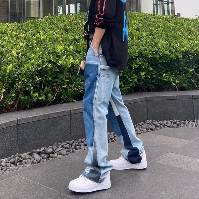 2025 Top Quality GPT Retro Distressed Soiled Ink-splashed Flared Jeans Men Casual Staight Washed Jeans Denim Pants Trousers