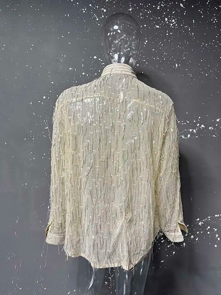 IEFB Spring Summer Men's Shirt Long Sleeve New Irregular Sequin Tassel Shirts Niche Streetwear Korean Style Male Top Tide 9Y7232