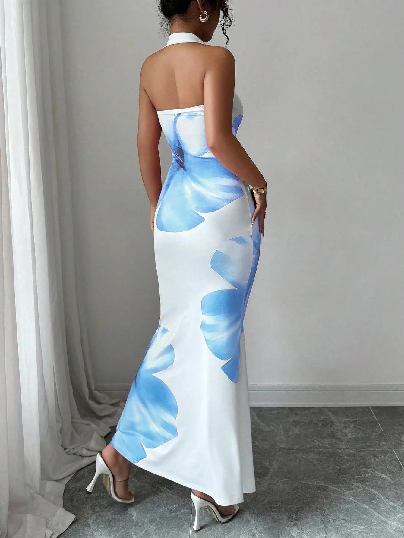 Women's 2026 New Popular Neck Halter Long Dress Hip-wrapped Printed Dress White Dress Birthday Dress for Women Summer Dress