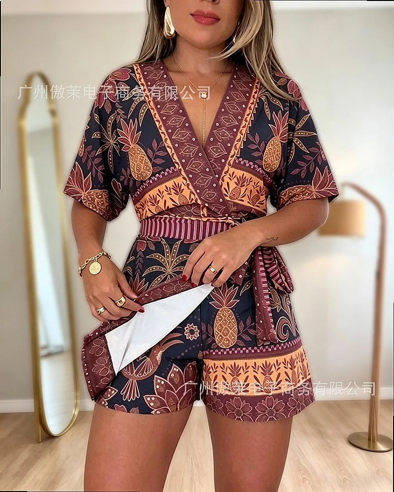 Women V Neck Beach Printed High Waist Stretch Jumpsuit Shorts Overall Playsuit