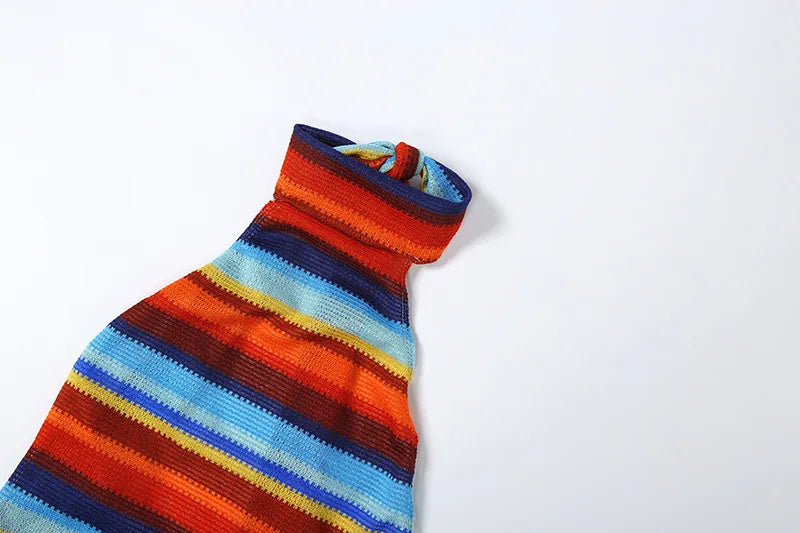 Cryptographic Striped Knit Halter Mini Dress Colorful Contrast Sleeveless Backless Summer Casual Clubwear Bodycon Short Dresses