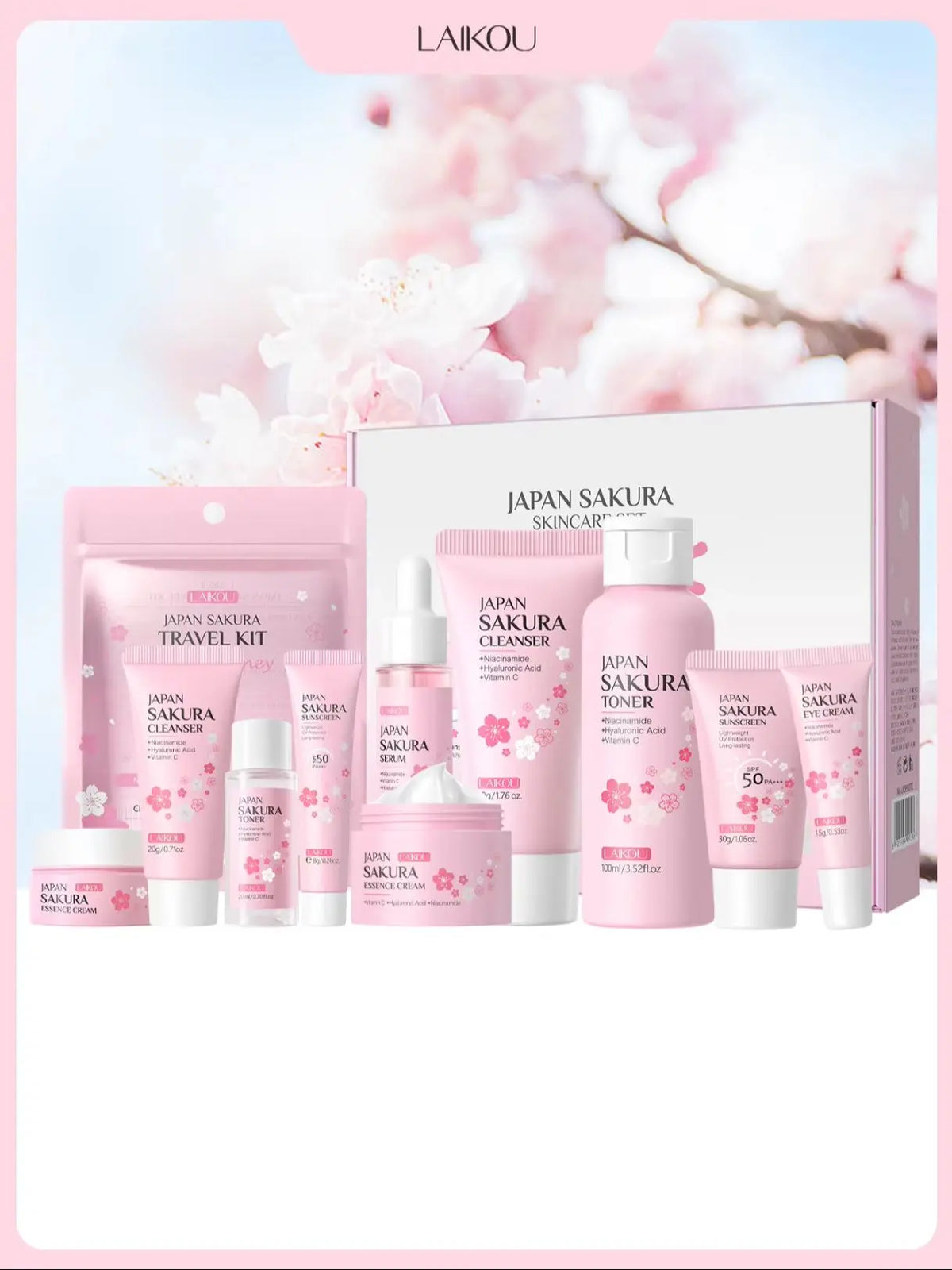LAIKOU Japan Sakura Full Skincare Set Cleanser Toner Serum Cream Eye Cream Sunscreen Travel Kit Complete Facial Care