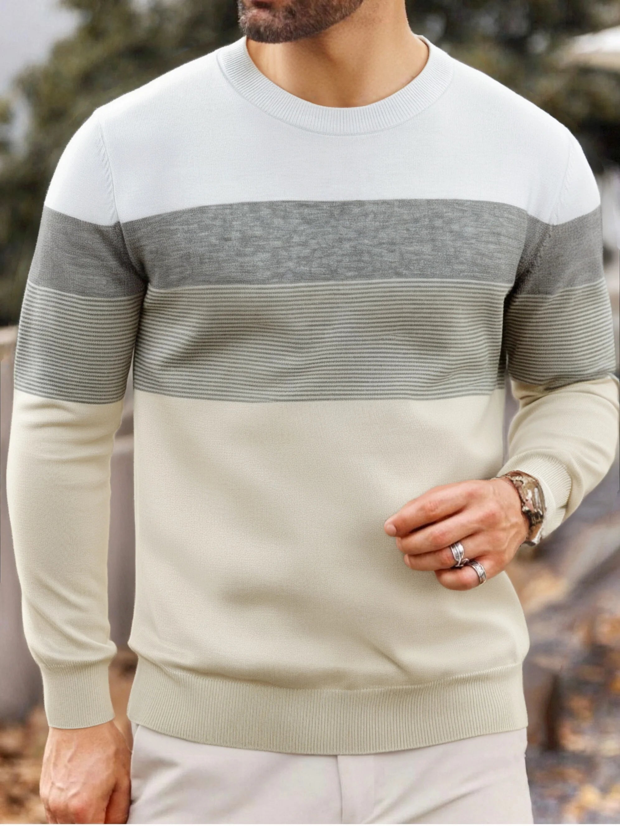 Men Spring Autumn Crew Neck Color Block Horizontal Striped Knit Sweater Long Sleeve Slim Casual Pullover Tops