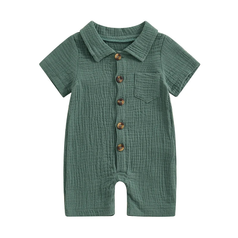 Summer Baby Clothing Newborn Infant Baby Boys Rompers Cotton Linen Solid Color Short Sleeve Lapel Jumpsuit Outfits