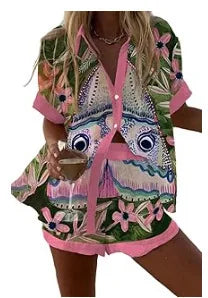 Personalized and Vibrant Beach Style 3D Digital Printed Loose Thin Shirt Casual Summer Women's Top Shorts Two-piece Set