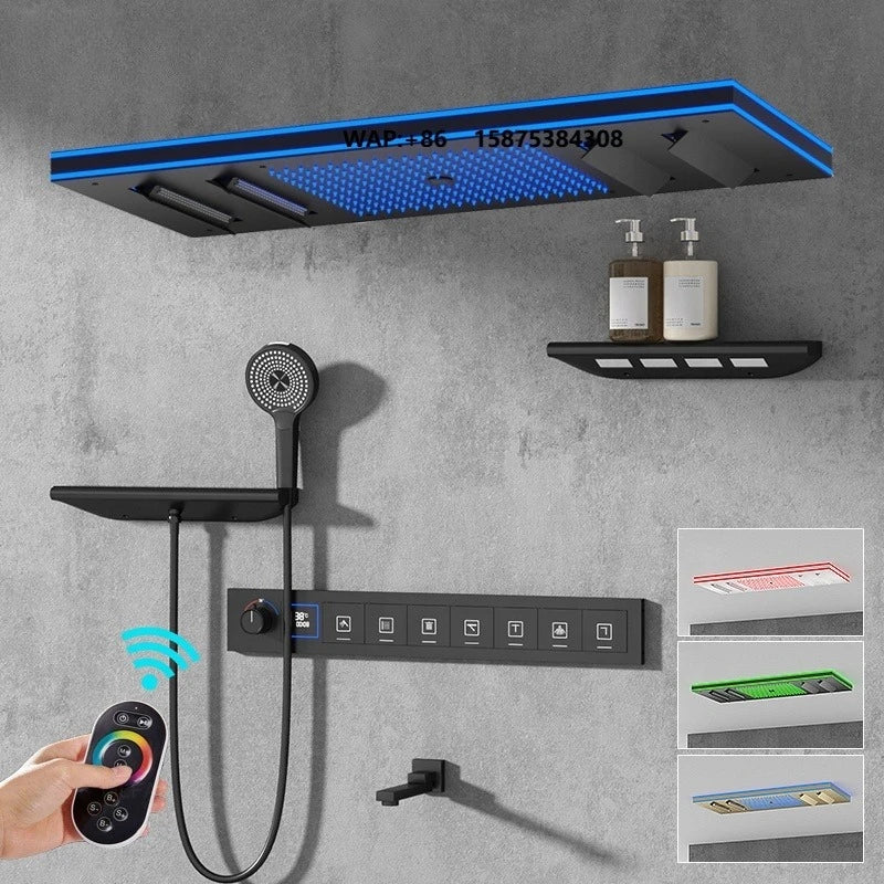 Ceiling Embedded LED Music Shower Head 7 Functions In-Wall Mount Brass Thermostatic Shower Faucet Set
