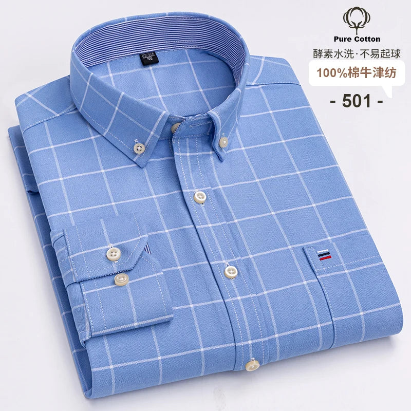 2024 Fashion Men Work Business Brand Shirt Mens Plaid Cotton Casual Dress Shirts Slim Fit Long Sleeve Button Down  Chemise Homme