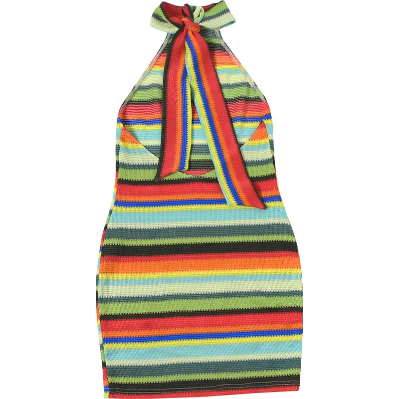 Cryptographic Striped Knit Halter Mini Dress Colorful Contrast Sleeveless Backless Summer Casual Clubwear Bodycon Short Dresses