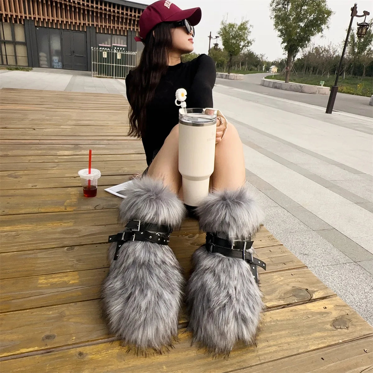 Winter Fur New Design Onepiece Raccoon FurFemale Snow Boots Fur shoes OutdoorMid Leg Boots y2k Cool Pink Girl