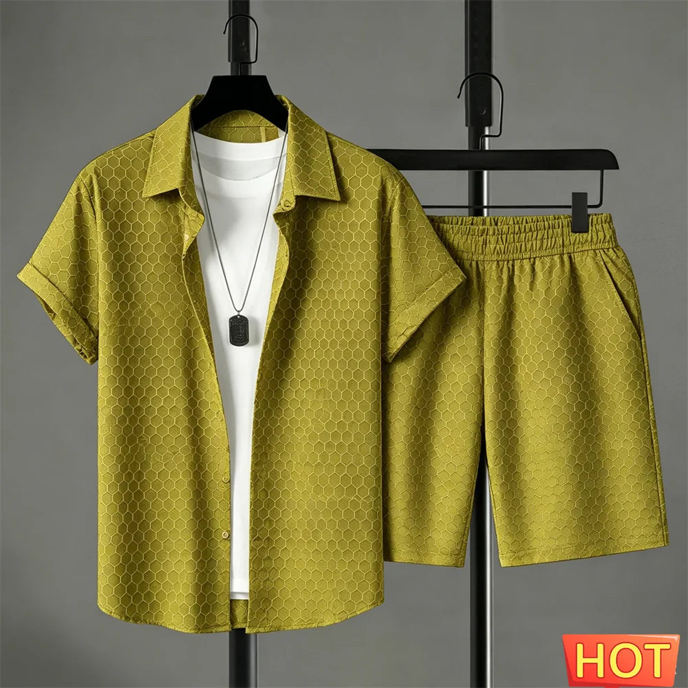Summer Outfits Man Shirt Set Gradient Leisure Shirt Set Solid Color 2 Piece Set Leisure Vacation Outfit Two Piece Fashion Outfit